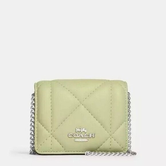 Coach Leather Mini Wallet On A Chain With Puffy Diamond Quilting Lime, NWOT - Picture 1 of 4